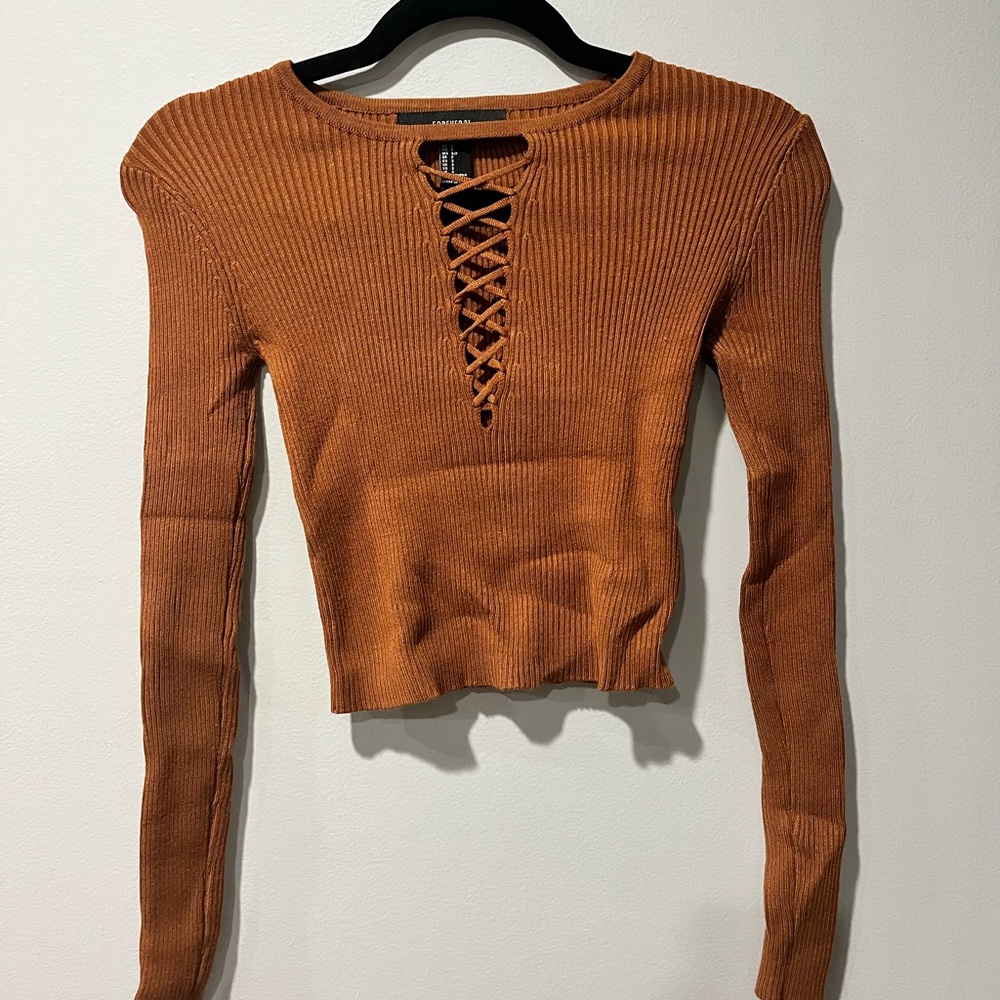 Forever 21 Brown Ribbed Lace-Up Top